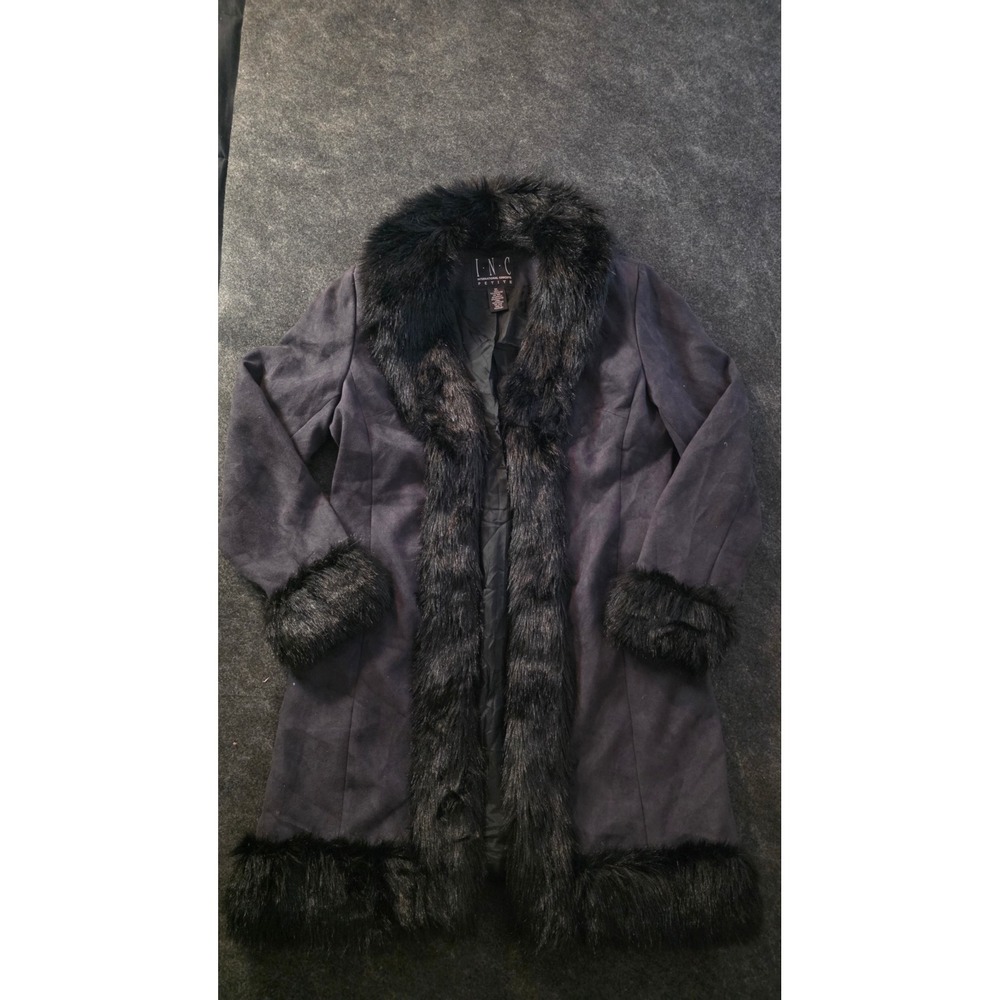 INC International Concepts Petite Faux Suede Fur Trim Coat Black Medium